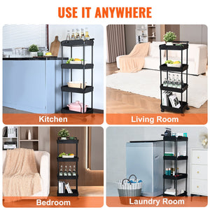 4-Tier Kitchen Rolling Cart | Black Utility Basket with Wheels & Handle