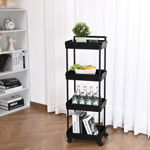 4-Tier Kitchen Rolling Cart | Black Utility Basket with Wheels & Handle