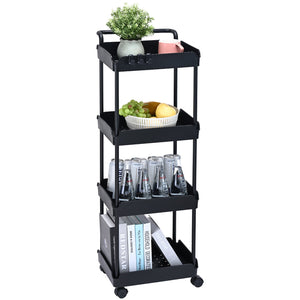 4-Tier Kitchen Rolling Cart | Black Utility Basket with Wheels & Handle