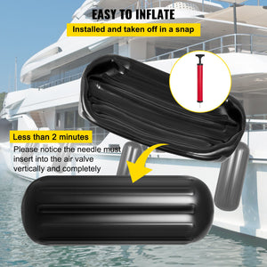 Boat Fenders | 4-Pack 10x28" Ribbed Inflatable Bumpers with Ropes | Black Marine-Grade for Pontoon, Sailboat, Ski Boat