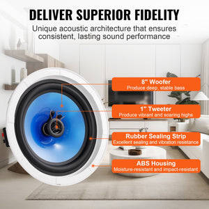 In-Ceiling Speakers 2 Pack | 8" Flush Mount | 50W 89dB Sensitivity | For Home & Outdoor Covered Areas