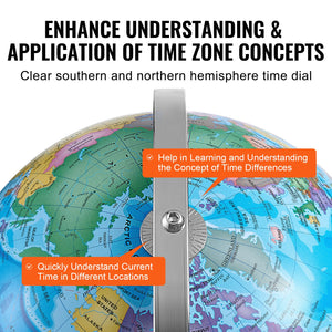 Rotating World Globe with Stand 330.2mm | Educational Geographic Globe with Time Zone Display