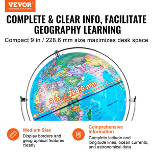 Illuminated World Globe with Stand | 228.6mm Educational Earth Globe | Heavy Metal Base | LED Constellation Night Light | HD Printed Spinning Map for Kids Classroom Learning