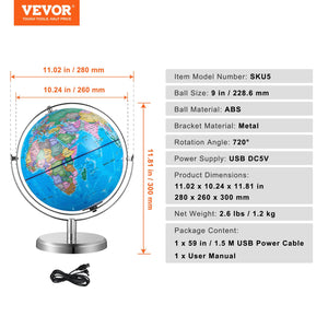 Illuminated World Globe with Stand | 228.6mm Educational Earth Globe | Heavy Metal Base | LED Constellation Night Light | HD Printed Spinning Map for Kids Classroom Learning