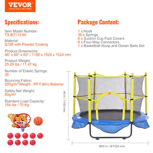 Kids Trampoline | 5ft with Safety Net, Basketball Hoop & Ocean Balls | Indoor/Outdoor Mini Bouncer