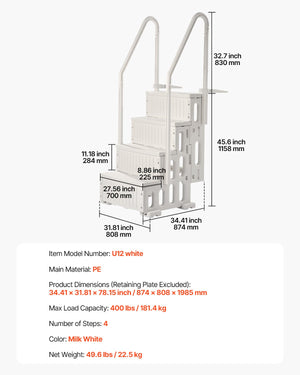 Pool Ladder | 4-Step White Robust Design | Dual Handrails for 122–137cm Pools