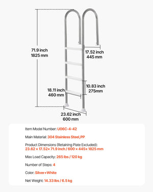 Pool Ladder | 4-Step Stainless Steel with Dual Handrails for Decked Pools