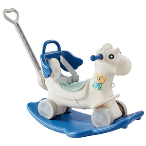 4-in-1 Rocking Horse for Toddlers | Blue Ride-On Toy with Detachable Balance Board, Push Handle & Wheels | Supports 80lbs | With Sound Effects
