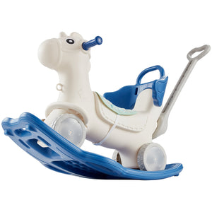 4-in-1 Rocking Horse for Toddlers | Blue Ride-On Toy with Detachable Balance Board, Push Handle & Wheels | Supports 80lbs | With Sound Effects