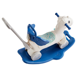 4-in-1 Rocking Horse for Toddlers | Blue Ride-On Toy with Detachable Balance Board, Push Handle & Wheels | Supports 80lbs | With Sound Effects