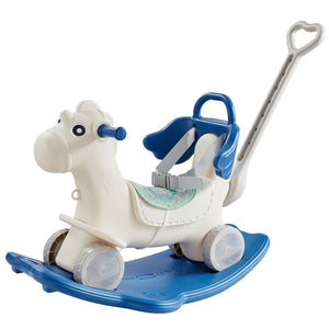 4-in-1 Rocking Horse for Toddlers | Blue Ride-On Toy with Detachable Balance Board, Push Handle & Wheels | Supports 80lbs | With Sound Effects