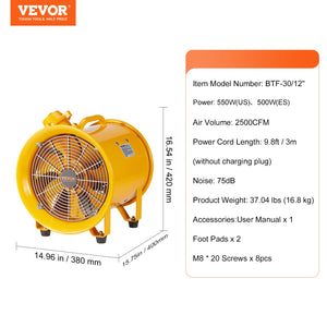 Portable Ventilator 12 Inch | 550W Cylinder Exhaust Fan | 2500CFM Industrial Blower with 3m Cord for Dust & Smoke Removal