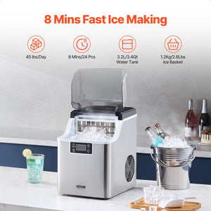 Countertop Ice Maker | 45lbs/24H Portable Self-Cleaning Machine with Scoop & Basket