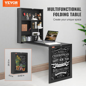 Wall-Mounted Desk | Fold-Out Convertible Table with Chalkboard & Storage Shelves