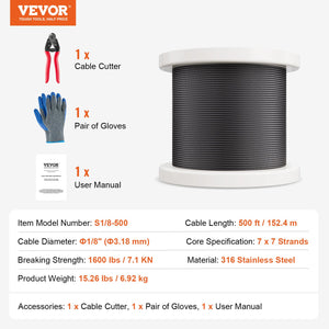 Stainless Steel Cable | T316 3.18mm 7x7 Wire Rope | 152.4m for Railing & Rigging