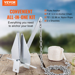 Fluke Anchor Kit | 8.5lb Galvanized Steel with Chain, Rope & Shackles