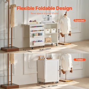 Folding Sewing Table | White | Lockable Wheels & Storage Shelves