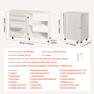 Folding Sewing Table | White | Lockable Wheels & Storage Shelves