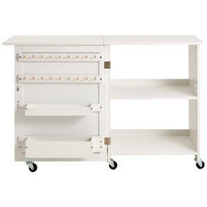 Folding Sewing Table | White | Lockable Wheels & Storage Shelves