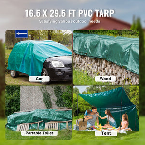 PVC Waterproof Tarp 16.5x29.5ft | Heavy Duty Green Tarpaulin with Grommets & Reinforced Edges