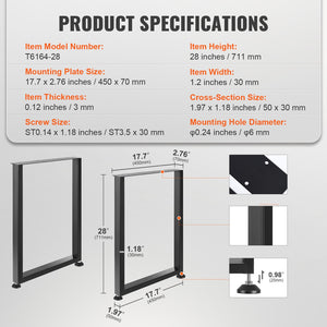 Adjustable Furniture Legs 711.2mm | Heavy Duty Steel Desk Legs Set of 2 | 453.6kg Load Capacity | Quick Install Black Finish