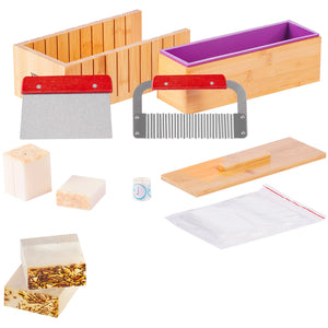 Soap Making Kit | Bamboo Cutting Box & Silicone Mould | Stainless Steel Straight & Wavy Cutter | 100 Bags & 105 Stickers | DIY Soap Making Supplies
