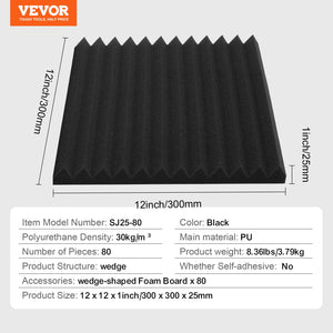 Acoustic Foam Panels | 80-Pack 12"x12"x1" Soundproof Tiles