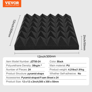 Acoustic Foam Panels | 24-Pack 12x12x2" for Studio Wall & Ceiling