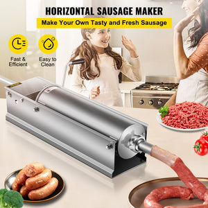 Manual Sausage Stuffer 7L | Dual Speed Horizontal 304 Stainless Steel Meat Stuffer | Includes 5 Filling Tubes | For Home & Commercial Use