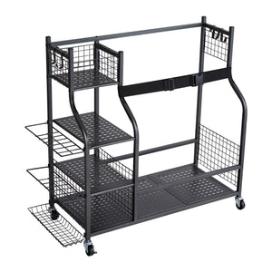 Golf Storage Rack | 2 Bag Stand Holder with Rolling Ball Cart & Hooks | Steel Black