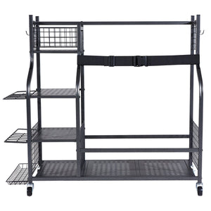 Golf Storage Rack | 2 Bag Stand Holder with Rolling Ball Cart & Hooks | Steel Black