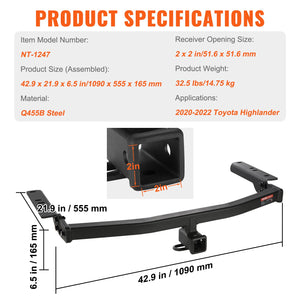Class 3 Trailer Hitch 2" Receiver | Q455B Steel Tube Frame | Fits 2020-2023 Toyota Highlander | For Ball Mount, Cargo Carrier & Bike Rack | Black
