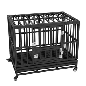 Heavy Duty Dog Crate | 38" Metal Kennel with Wheels & Removable Tray