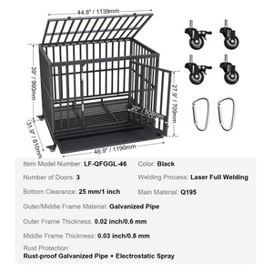 Heavy Duty Dog Crate 47 Inch | Indestructible Steel Kennel with 3 Doors | Lockable Wheels & Removable Tray | For Medium & Large Dogs | Indoor & Outdoor
