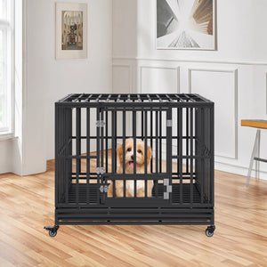 Heavy Duty Dog Crate 47 Inch | Indestructible Steel Kennel with 3 Doors | Lockable Wheels & Removable Tray | For Medium & Large Dogs | Indoor & Outdoor
