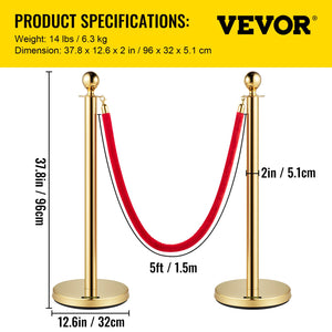 Gold Stanchion Post Set | 4 Crowd Control Posts with 38" Red Velvet Ropes