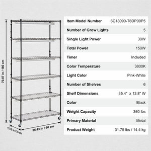 Indoor Plant Stand | 6-Tier Grow Shelf with Lights | 180W | 180cm
