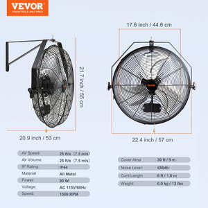 Industrial Wall Fan | 17.6" Waterproof Metal Fan with 3 Speeds