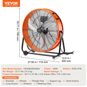Drum Fan 24" | High Velocity Industrial Fan with Timer | 3-Speed
