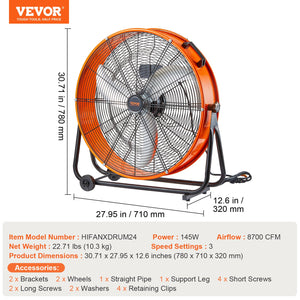 Drum Fan 24" | High Velocity Industrial 3-Speed | 8600CFM