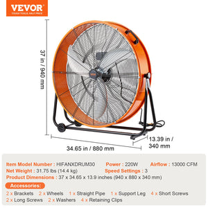 Drum Fan 30" | High Velocity Industrial 3-Speed | 13,000CFM
