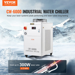 Industrial Water Chiller CW6000 | 1500W Compressor Cooling System | 15L Tank, 65 L/min Max Flow | For CO2 Laser Engraving Machine Cooling