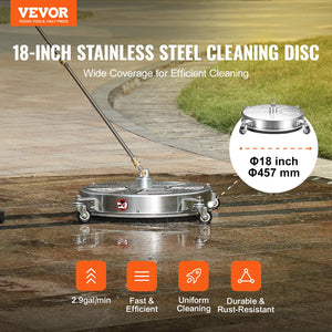 Surface Cleaner 18" with Wheels | Stainless Steel 4000 PSI | Includes 2 Extension Wands