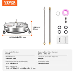 Surface Cleaner 18" with Wheels | Stainless Steel 4000 PSI | Includes 2 Extension Wands