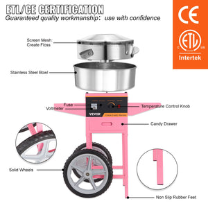 Cotton Candy Machine 1000W with Cart | Commercial Sugar Floss Maker for Parties