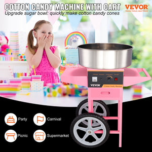 Cotton Candy Machine 1000W with Cart | Commercial Sugar Floss Maker for Parties