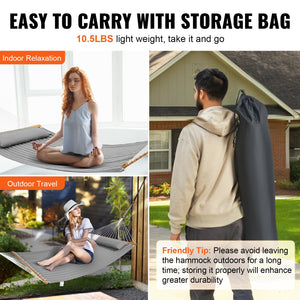 Double Quilted Fabric Hammock 12FT | 2 Person Hammock with Hardwood Spreader Bars, Detachable Pillow & Chains | 480lbs Capacity | Camping, Patio, Yard & Beach