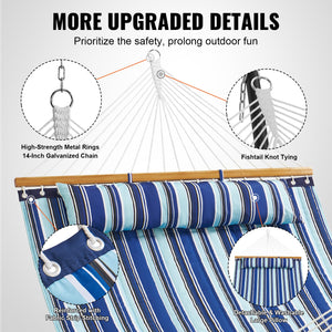 Double Quilted Fabric Hammock 12FT | 2 Person Hammock with Hardwood Spreader Bars, Detachable Pillow & Chains | 480lbs Capacity | Outdoor Patio, Beach & Camping