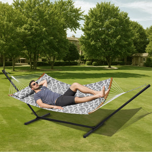 Double Hammock with Stand | Curved Spreader Bar, Pillow & Carry Bag | 480lb Capacity Outdoor Lounger