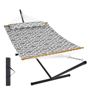 Two-Person Hammock with Stand | 480lb Capacity Double Hammock with Pillow & Carry Bag | 12ft Steel Frame Outdoor Lounge